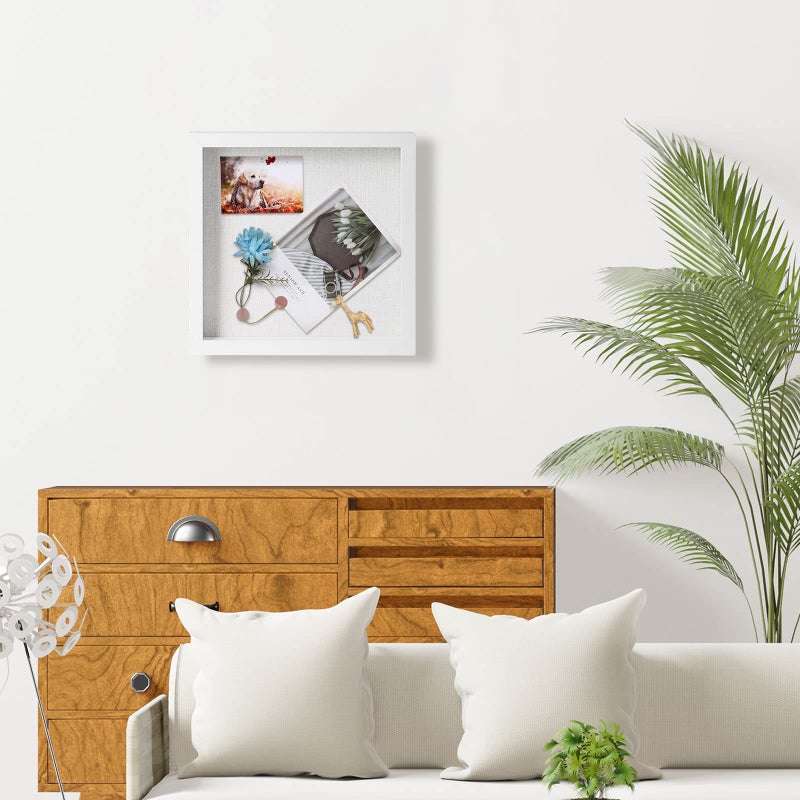 Muzilife إطار صورة صندوق ظل موزيلايف 10x10 مع لوحة قماشية - صندوق عرض من الخشب العميق والزجاج المقسى لذكريات الأطفال، المقتنيات الرياضية، الدبابيس، الجوائز، الميداليات، حفلات الزفاف، التذاكر والصور (أبيض) - Image 2